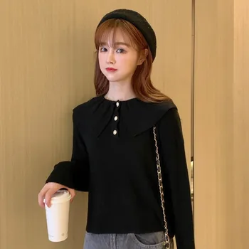 

Autumn Winter New Pearl Button Solid Sweater Women Sweet Style Bottoming Shirt Lapel Long Sleeve Knit Pullover