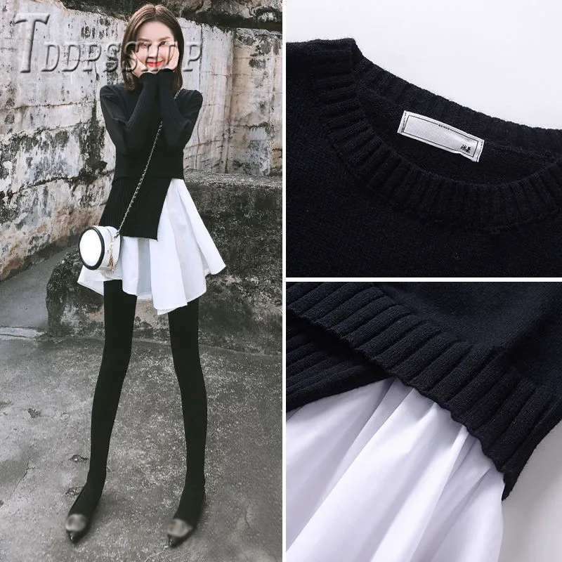 

2019 Fake Two Pieces Patchwork Women Sweater Korean Pullover Female Sweaters