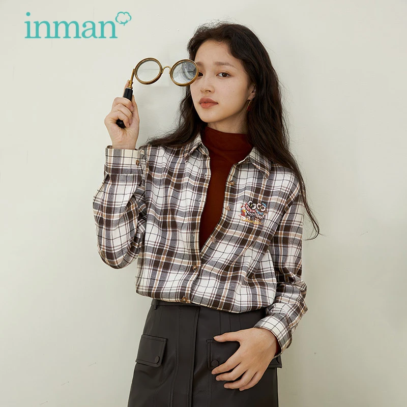 INMAN Plaid Women's Shirt Autumn Winter Retro Classic Style Pointed Collar Fun Embroidery Long Sleeve Casual Blouses Female Tops | Женская