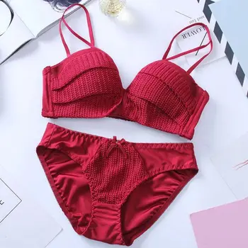 

Sexy Women's Bra Brief Set Solid Color Girl Knitting Thread Without Steel Ring Gather 1/2 Cup Bra + Underwear Set