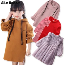 Платье для девочек г. Зимние плотные теплые платья с надписями и капюшоном с длинными рукавами для больших девочек, детская одежда