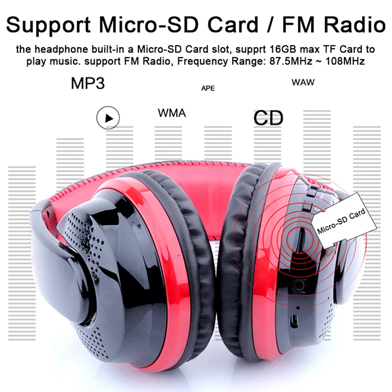 Накладные наушники с басами, стерео Bluetooth Hoofdtelefoon Draadloze, гарнитура Ondersteuning Micro Sd-kaart Radio Microfoon
