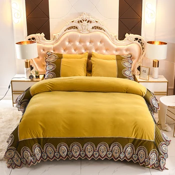 

Luxury Yellow Green Purple Gray Winter Velvet European Palace Lace Bedding Set Fleece Fabric Duvet Cover Bed sheet Pillowcases