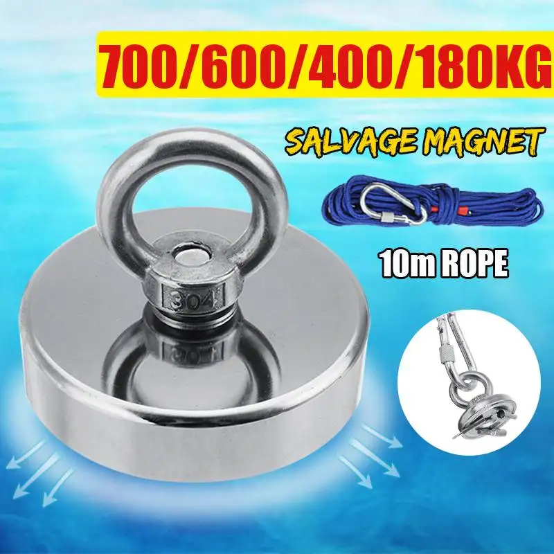 

New 700KG Powerful Round Neodymium Magnet Hook Salvage Magnet Sea Fishing Equipments Holder with Ring and 10M Rope