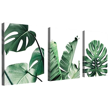 

New-Simple Green Leaves Canvas Art Tropical Plants Artwork Minimalist Watercolor Painting Wall Decor for Bathroom Living Room Be