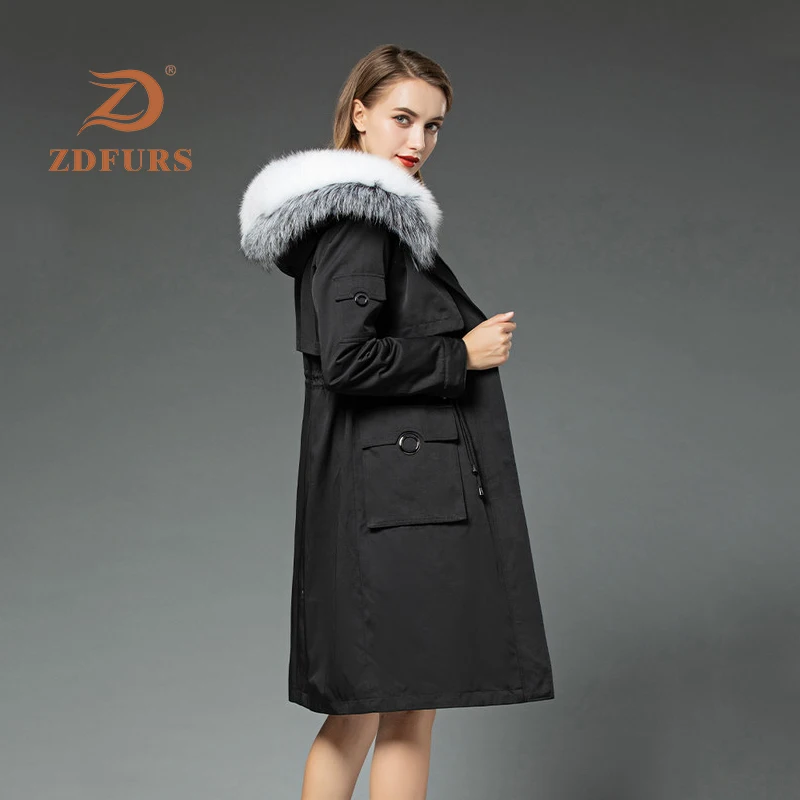 ZDFURS* парка из кролика рекс шуба зимняя куртка женская натуральный Лисий мех воротник с капюшоном из натурального меха Верхняя одежда на подкладке съемная