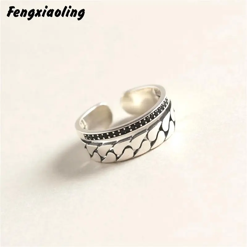 

Fengxiaoling 100% Genuine 925 Sterling Silver Mosaic Cubic Zirconia Open Rings Retro Style Grain Women Rings Fine Jewelry