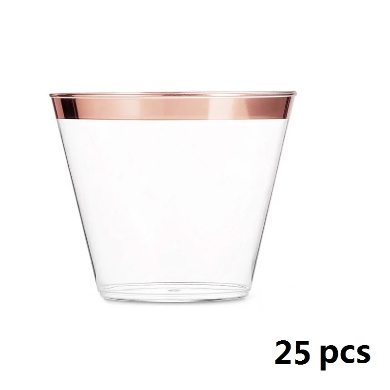 Rose Gold 25pcs 25 шт/50 шт, розовое золото, пластиковые стаканы, одноразовые стаканы, золотые стаканы, свадебные, вечерние, декоративные, прозрачные, золотые стаканы для напитков, 9 унций - Цвет: Rose Gold 25pcs