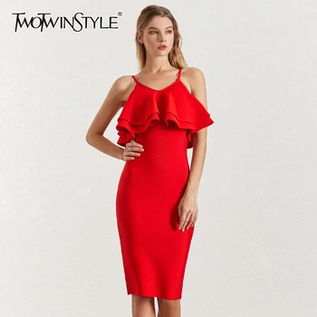 

TWOTWINSTYLE Sexy Evening Party Dress Women Off Shoulder Sleeveless Ruffles Slim Split Summer Dresses Female 2020 Fashion New
