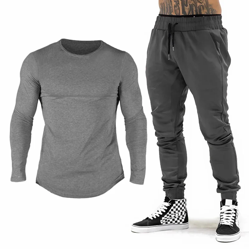 Брендовый спортивный костюм, мужская спортивная одежда, хлопковая футболка с длинным рукавом для фитнеса+ штаны для бега, мужские спортивные штаны для бодибилдинга