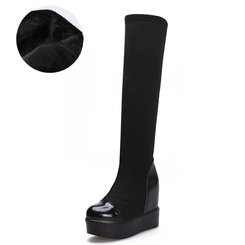 B26 black cotton Г., стрейчевая ткань, Высота платформы по колено, сапоги женские теплые зимние сапоги на толстой подошве женские эластичные высокие сапоги, увеличивающие рост, WB069 - Цвет: B26 black cotton