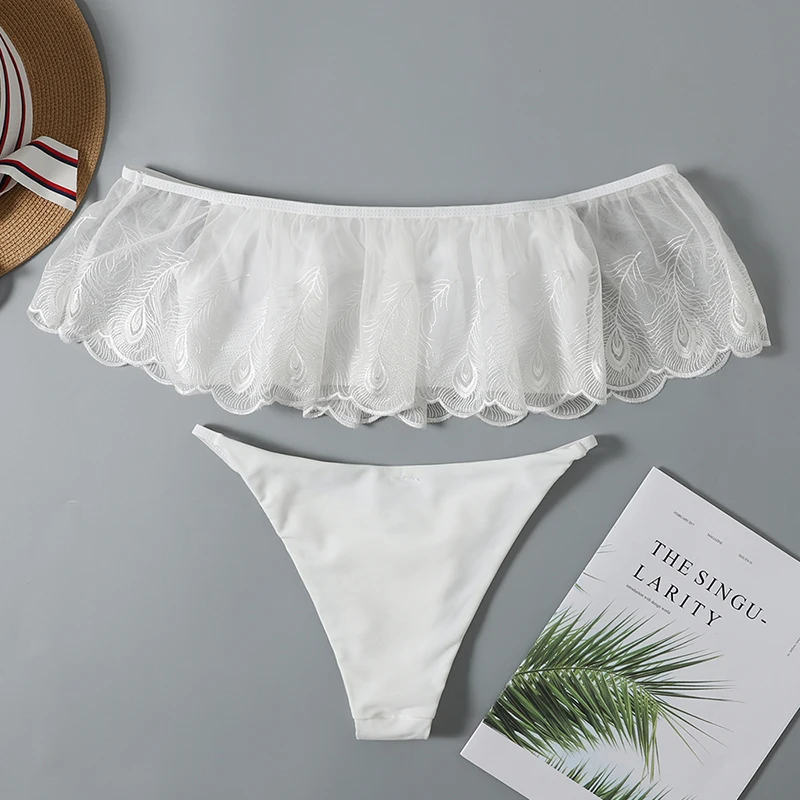 Peachtan Sexy off shoulder swimwear women bathers Ruffle lace bathing suit Brazilian bikini set Push up swimsuit female new