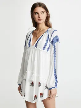 

Summer new Bohemian holiday island beach dress national style loose embroidery v-neck fringe mini dress