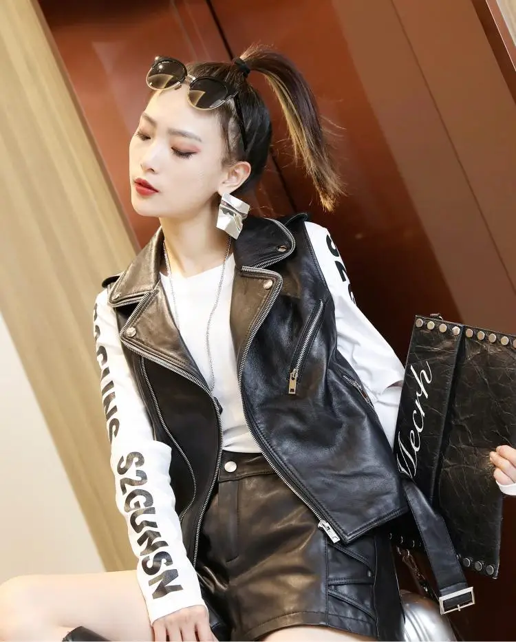 Genuine Leather Vest Highstreet Moto Notched Neck Zip Buckle Belted Sleeveless Sheepskin Vests Women Casual Slim Outwear Female