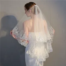 Comfortable Wedding   Veils Short 2 Layers White Ivory Bridal Veils with Comb Lace Appliques   Wedding Accessories