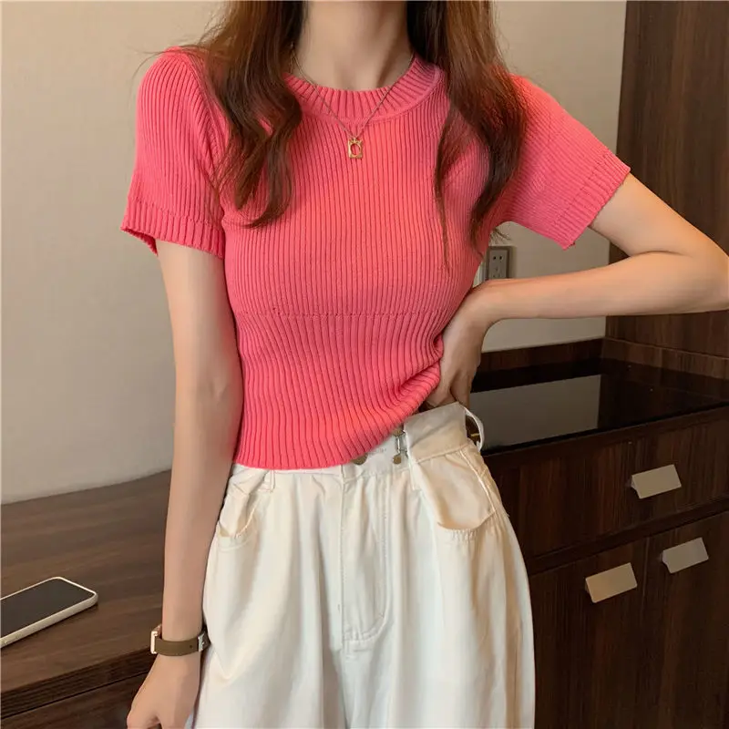 Summer Slim Thin Round Neck Solid Color Knitted Short-sleeved Pullover T-shirt Spring And Autumn New Fashion Bottoming Top