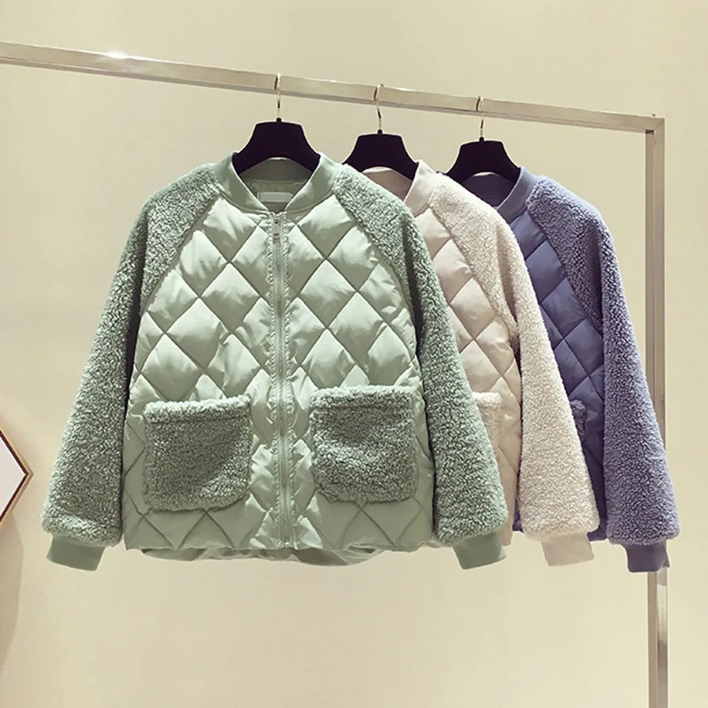 

Women Plush Casual Lambs Thicken Loose Cashmere Patchwork Jacket Top outwear pocket female coat Winter short jacket