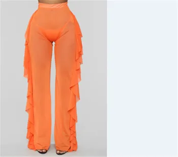 

Fashion Women's Solid See Through Sheer Mesh Ruffle Swimsuits Beach Cover up Pants