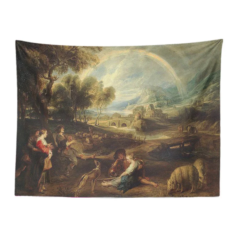 

Retro Medieval Tapestry Livestock Dog Man Mountain Town Tree Boat Living Room Decoration Wall Hanging Outdoor Picnic Blanket