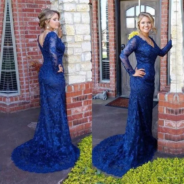 Элегантное Королевское синее платье для матери невесты vestido de madrinha с v-образным вырезом на спине скромное вечернее платье с длинным рукавом