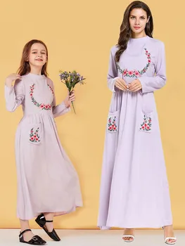 

2019 new Muslim comfortable casual mother-daughter and parent-child dress girl cuhk child light purple long sleeve zipper pocket