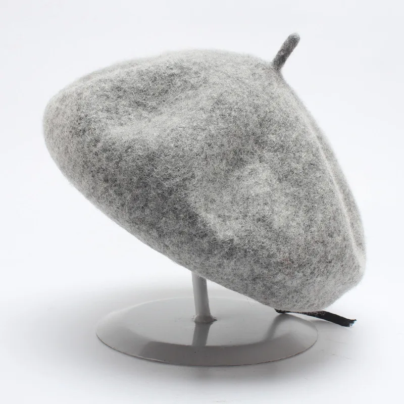 Light gray Женские осенне-зимние береты, шляпа в стиле художника, женская шапка из шерсти, винтажные береты, одноцветная шапка, женская шапка, теплый берет для прогулок - Цвет: Light gray