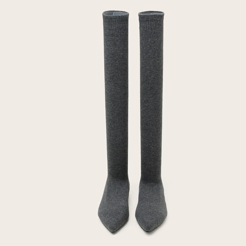 Size 34-40 Women's Black Thigh High Sock Boots - Slim Leg Stretch Fabric Pointed Toe Flat Heels Over The Knee Slip On Shoes