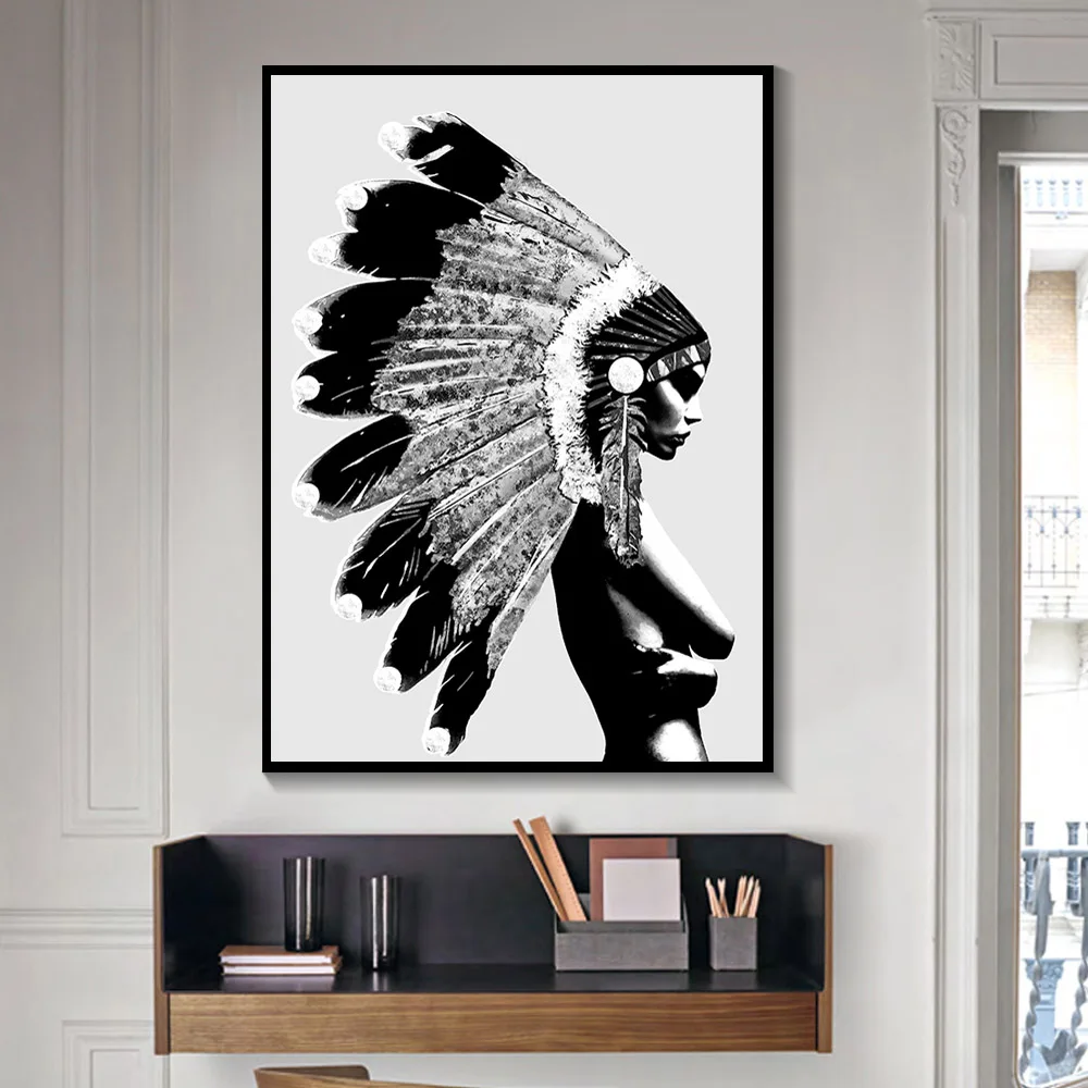 Black and White Color India Girl Figure Painting Nordic Poster Wall Art Print Canvas Pictures For Living Room Decoratio | Дом и сад