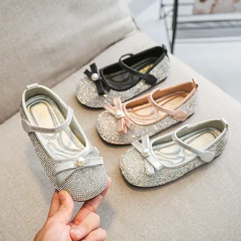 

Girls Single Shoes Children Leather Shoes Diamond Bowknot Princess Shoes Comfortable Soft Sole Rhinestone Wedding Party Shoes