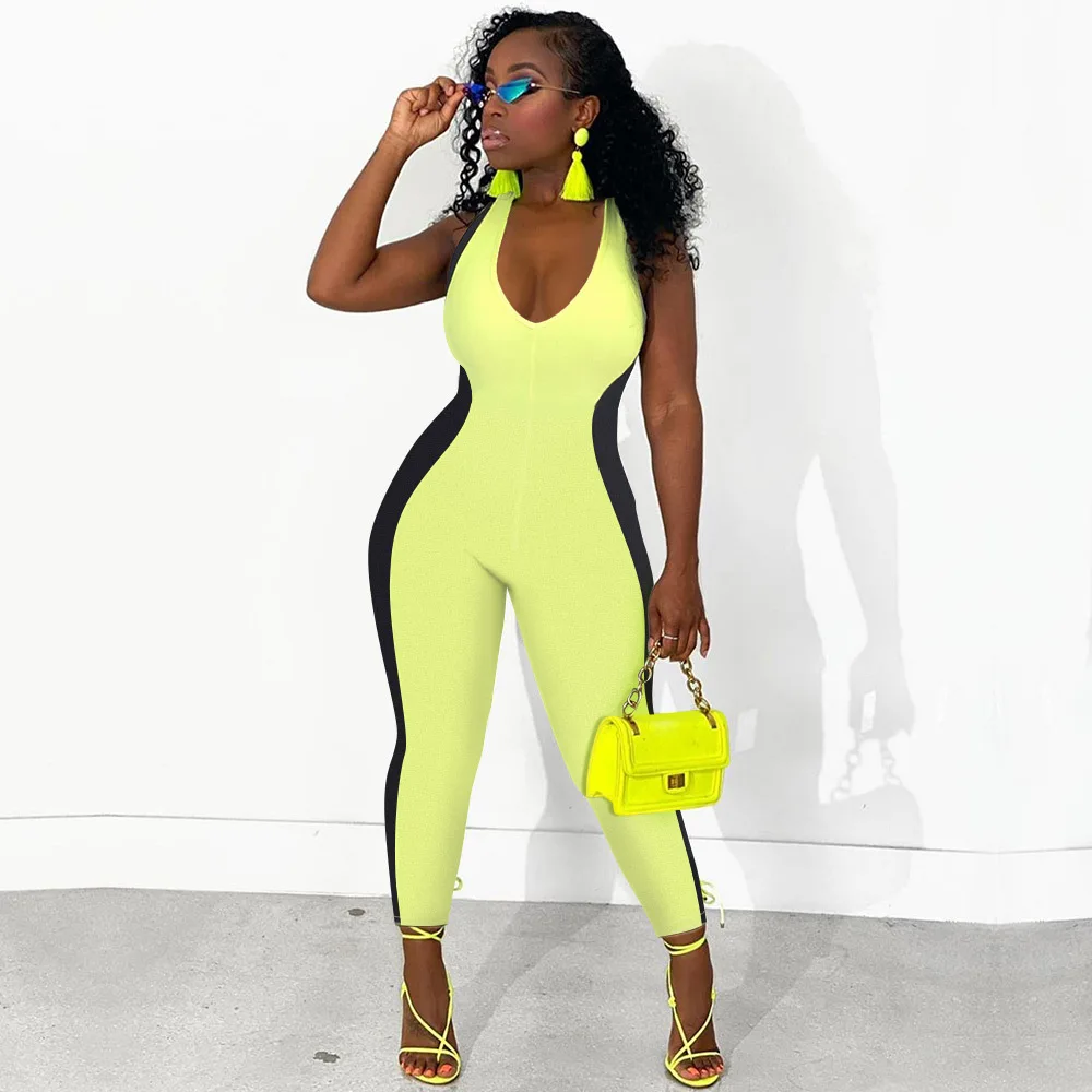 

2020 New Summer Women's Sexy Hollow Out Jumpsuits V-Neck Sleeveless Body-con Rompers Sexy Night Club Party One Piece Outfits