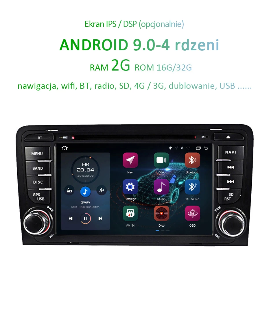 Perfect IPS SCREEN 64G Android 9.0 2 din Car Multimedia Player For Audi A3 S3 GPS radio stereo navigation AUDIO tape recorder BT 4.0 USB 3