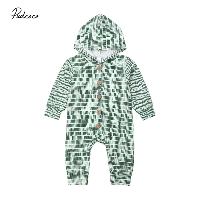 

2019 Brand Xmas Winter Infant Baby Boy Girl Cotton Hooded Romper Button Striped Hooded Jumpsuit Long Sleeve Baby Clothes Outfit