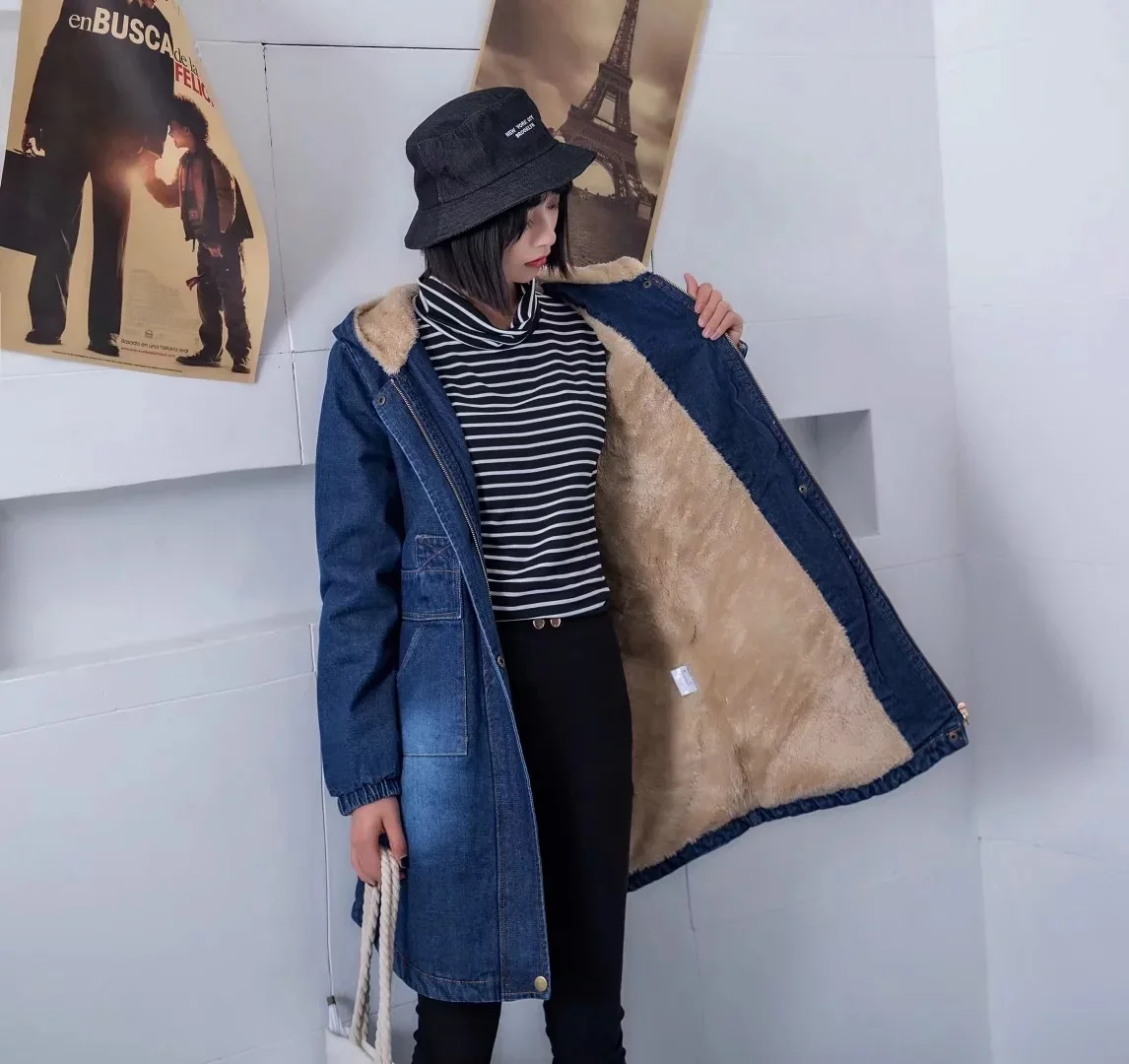 

Japanese-style Artistic Retro Solid Color Faded Berber Fleece Thick Hooded Cowboy Cotton-padded Clothes Cotton Coat WOMEN'S Dres