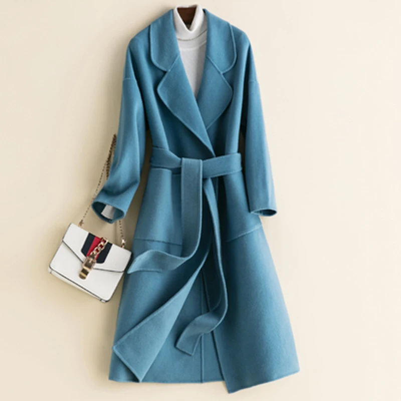 

High-end Spring Double-Sided Cashmere Coat Women Mid-length Hepburn Woolen Trench Coat Female Solid Color Lace Abrigos L69