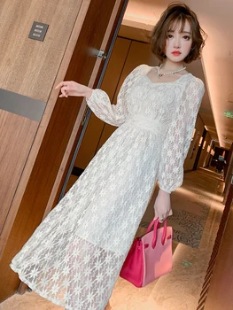 

French romantic lace square neck beaded high waist big hem solid color dress women's dress 2020 autumn new