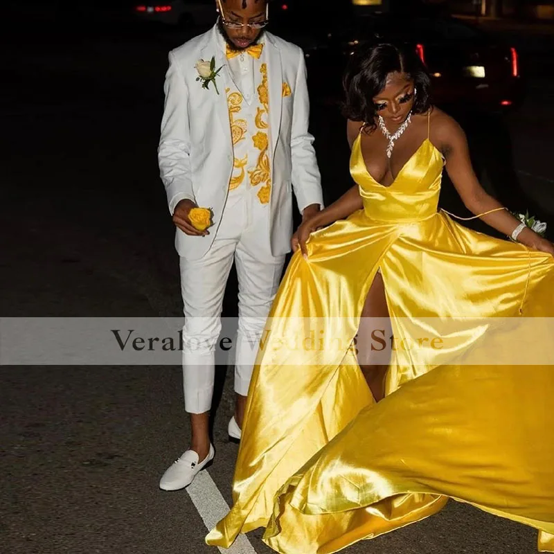 Women's Long Yellow Sexy Prom Dress Split Spaghetti Straps A Line Evening Wear Formal Party Vestidos De Novia ball gown prom dresses