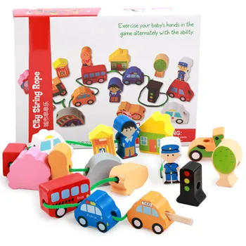 

Kids Wooden Toys City Traffic Scenes Geometric Shape Threading Assembled Building Blocks Early Educational Toys For Child Gift