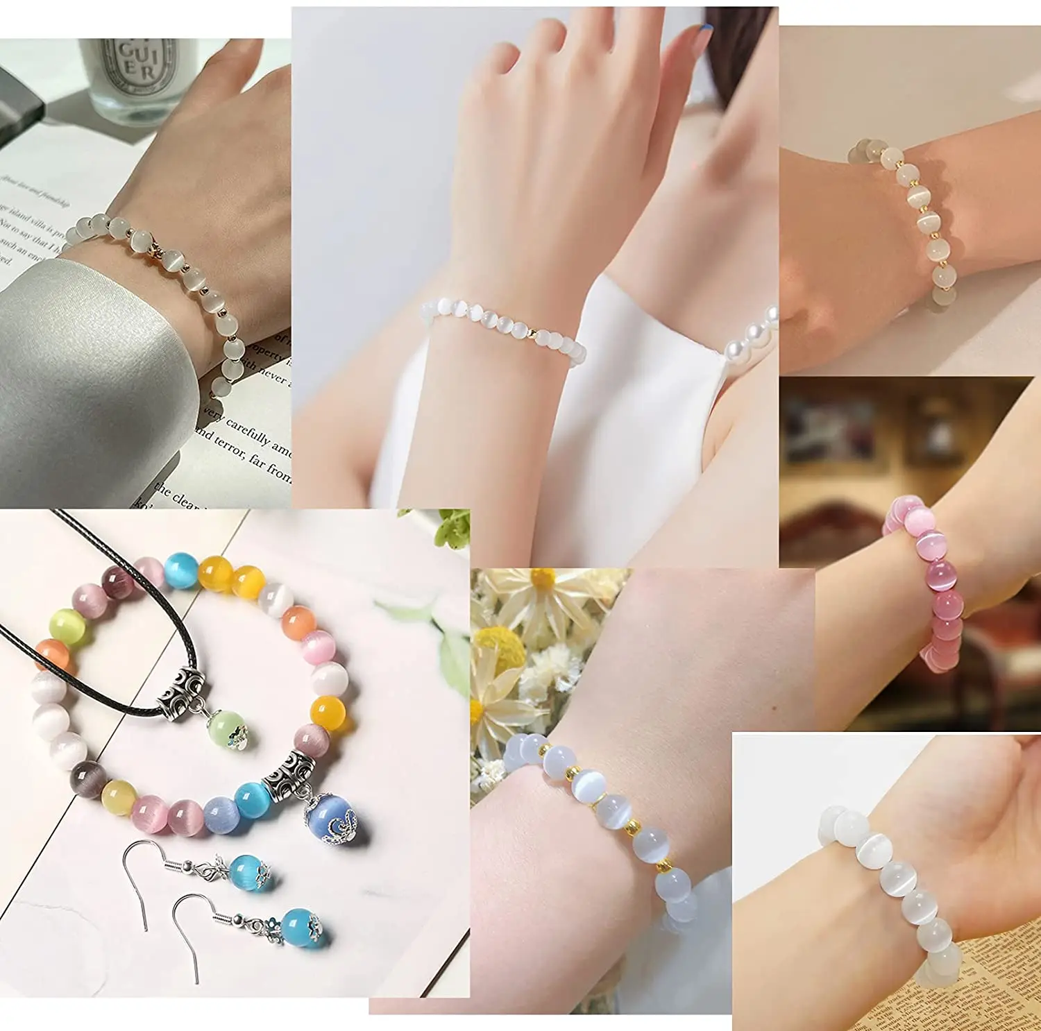 Natural Pink, White, & Blue Cat Eye Round Loose Beads for Jewelry Making - High-Quality Moonstone DIY Bracelet, 15 Strand