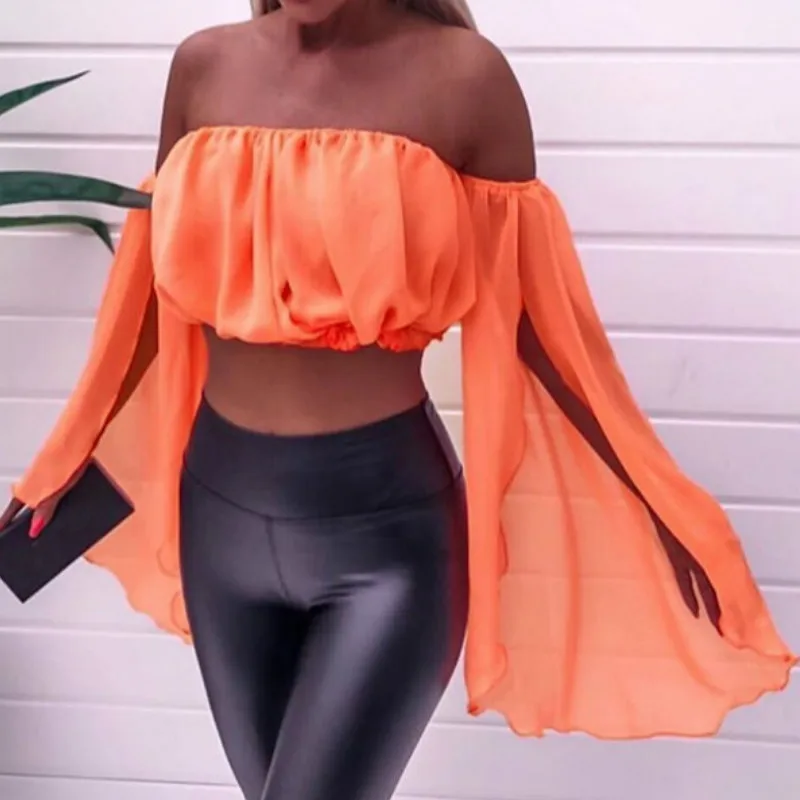 

2019 Summer Women Sexy Strapless Strap Chiffon Fluorescent Green Orange Blouse Short Party Club Female Solid Streetwear PL001G