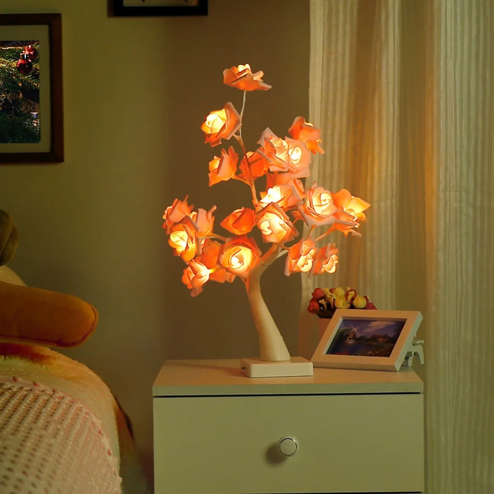 

Night Light LED 24 Rose Tree Table Lamp Counter Party Christmas Wedding Decoration Table Lamp USB Port and Battery Powered