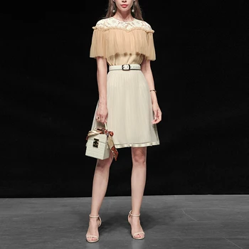 

Seifrmann Summer Women Fashion Runway Skirts Set Short Sleeve Lace Patchwork Tops + Pleated Big Swing Skirts 2 Two Pieces Suits