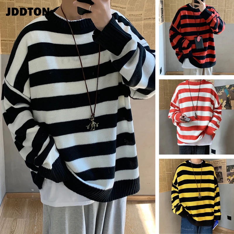 JDDTON-suéter a rayas de manga larga para hombre, suéter informal de retales, ropa de calle ajustada, jersey de otoño, abrigo JE380