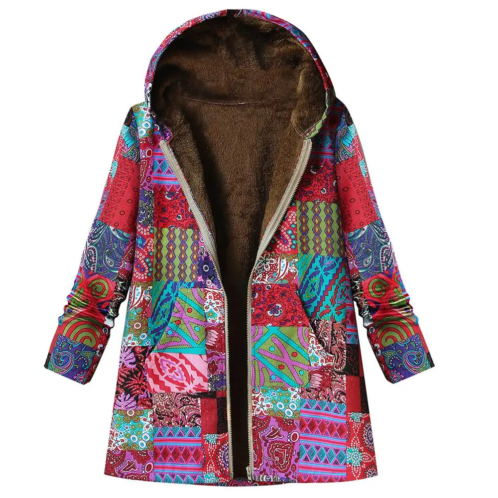 Куртки больших размеров, винтажная верхняя одежда с цветочным узором, пальто для женщин, теплая, ветрозащитная, с капюшоном, утепленная одежда оверсайз - Цвет: E