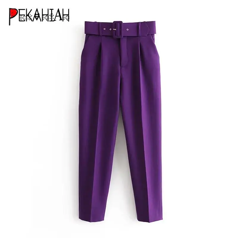 Элегантные черные фиолетовые брюки с поясом, женские брюки Харлан с высокой талией, офисные повседневные брюки с карманами, женские длинные брюки