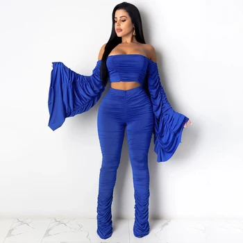 

Cutubly Flare Long Sleeve Women's Set Ruched Two Piece Set Slash Neck Crop Top Stacked Pants Set Winter Women Outfits Tracksuit