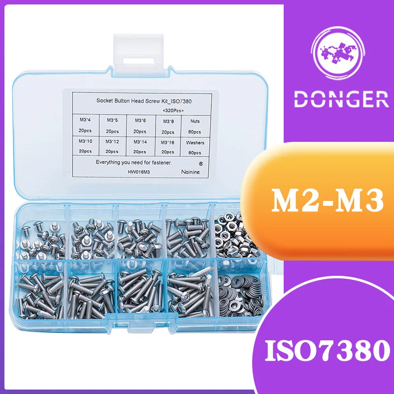 320Pcs/set M2 M2.5 M3 ISO7380 Kit 304 Stainless Steel A2 Round Head Screws Mushroom Hexagon Socket Button Screw HW016 | Обустройство