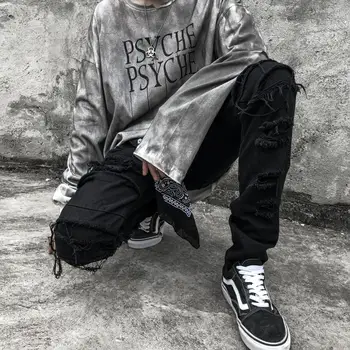 

Mens Black Slim Fit Ripped Jeans Streetwear Hip Hop Destroyed Washed Hole Jeans for Men Women Denim Jeans Trousers