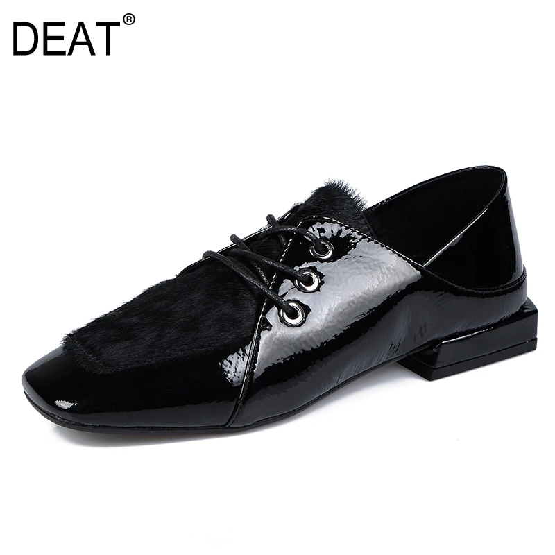 [DEAT] Square Toe Shallow Patent Leather Bandage Casual Single Flat Shoes Women New Spring Autumn Fashion Tide 10D896