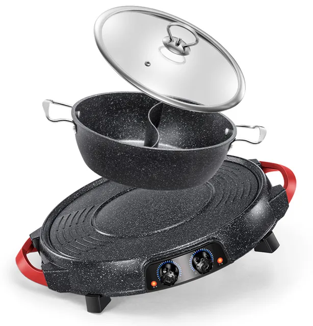 FYJK Electric Mini Grill with Hot Pot 2 in 1 Indoor Non-Stick Hot