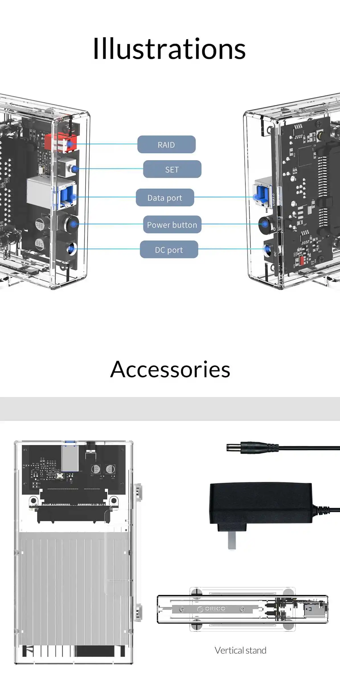ORICO 2 Bay 2.5'' HDD Case SATA to USB 3.0 Transparent Hard Drive Enclosure Support UASP for 7-9.5 mm HDD SSD With 5V Adapter